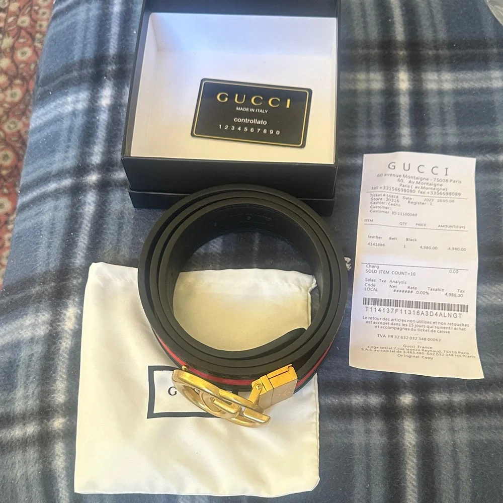 Gucci Black Leather Belt with Green & Red Web and Gold Double G Buckle Size 120